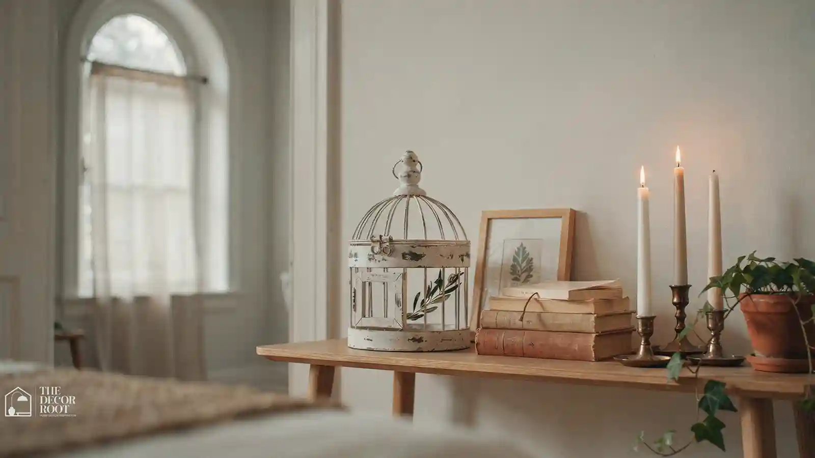 Birdcage decor ideas shown in a styled entryway console vignette with candles and greenery