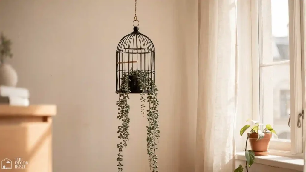 Birdcage decor ideas featuring a hanging cage planter with trailing faux succulents