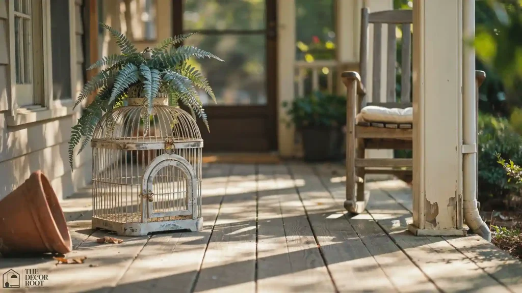 Birdcage decor ideas for front porch styling with a large weatherproof cage and faux fern