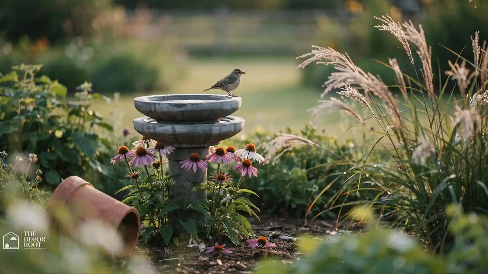 Bird bath ideas shown as a stone garden focal point surrounded by native plants