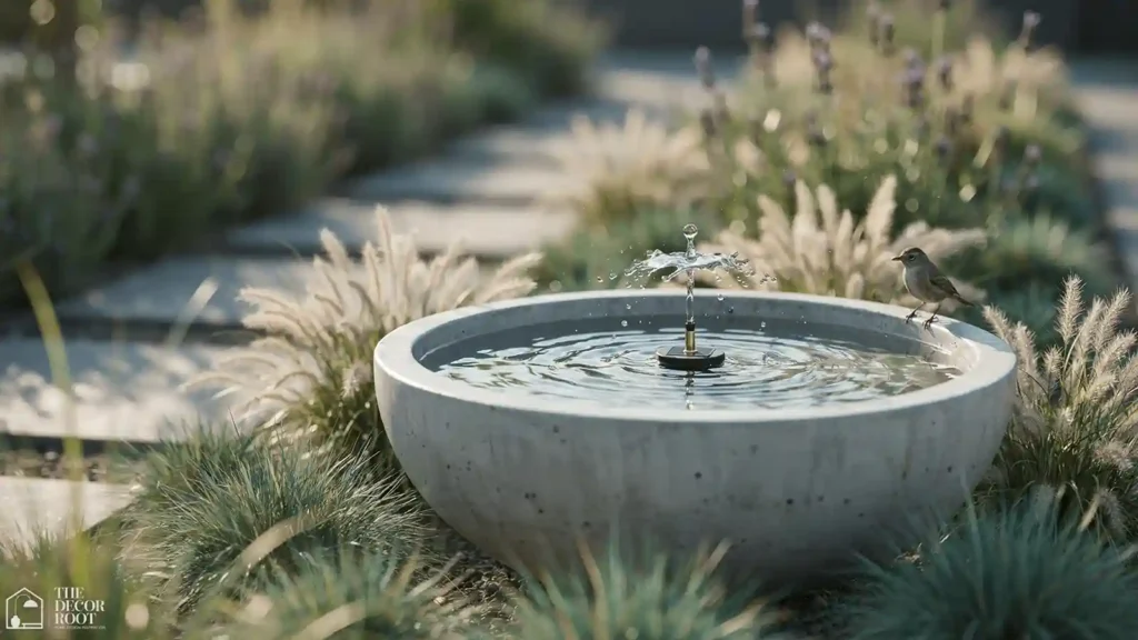 Bird bath ideas featuring a solar-powered fountain basin in a garden bed