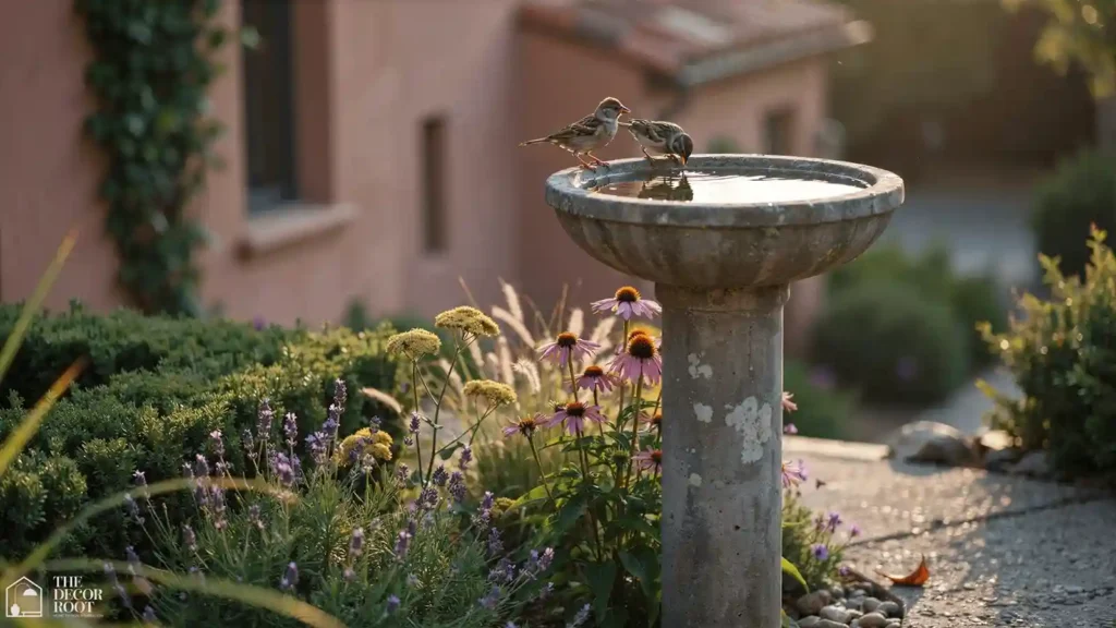 Bird bath ideas for front yard curb appeal with pedestal basin and native plants