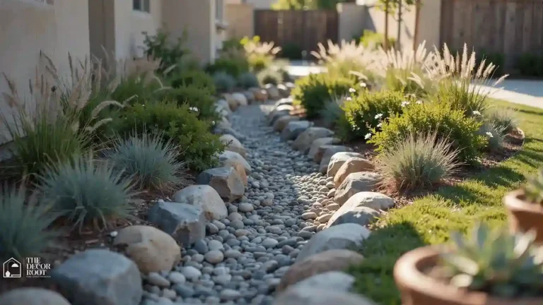 Rock landscaping ideas shown as a dry creek bed design with river rock and native grasses