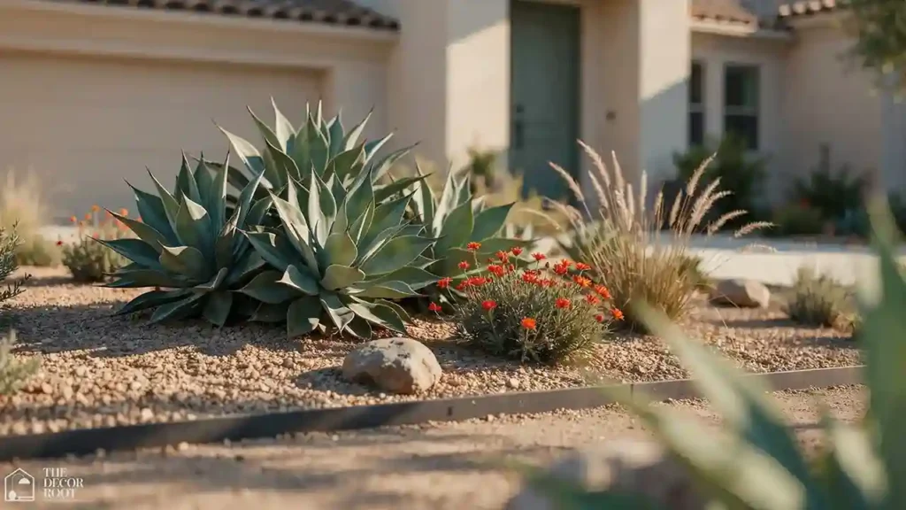 Rock landscaping ideas featuring a xeriscape front yard with drought-tolerant plants