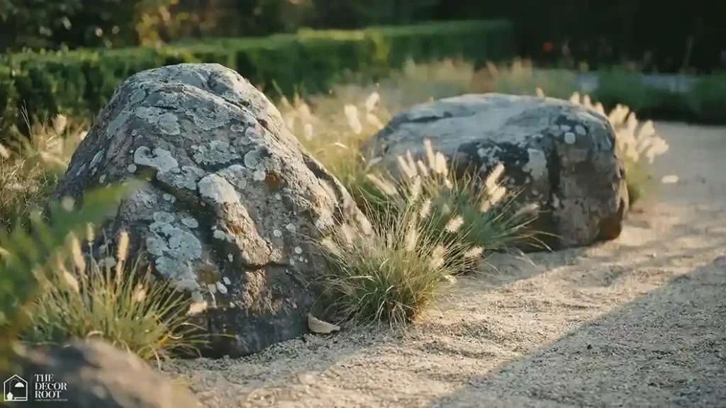 Rock landscaping ideas with large boulder accents as garden focal points
