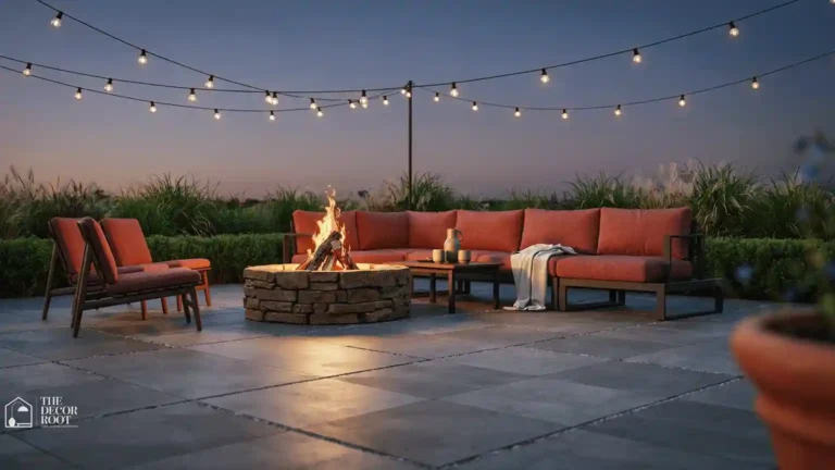 Fire pit area ideas shown as a full patio gathering space with seating and string lights