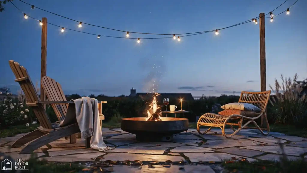Fire pit area ideas with overhead string light canopy for evening ambiance