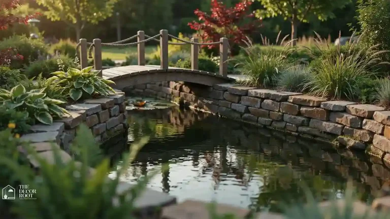 Backyard pond landscaping ideas with layered stone edging and lush plantings