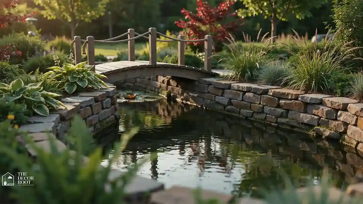 Backyard pond landscaping ideas with layered stone edging and lush plantings
