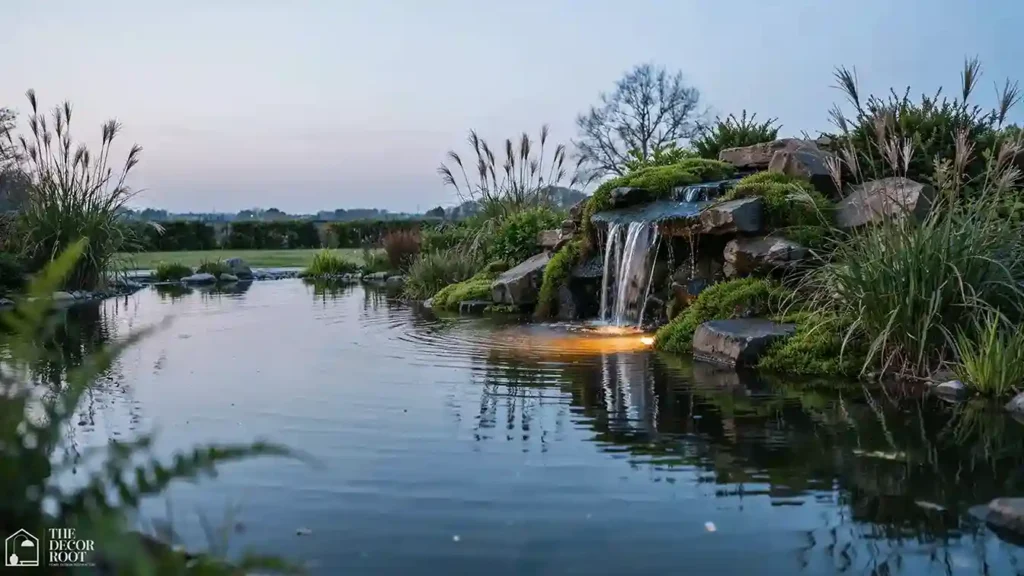 	Small pond waterfall feature with submerged lighting for pond landscaping ideas