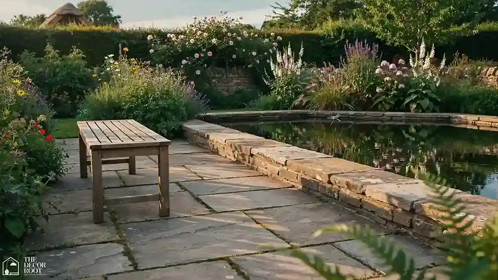 	Backyard seating area overlooking a landscaped pond with stone edging