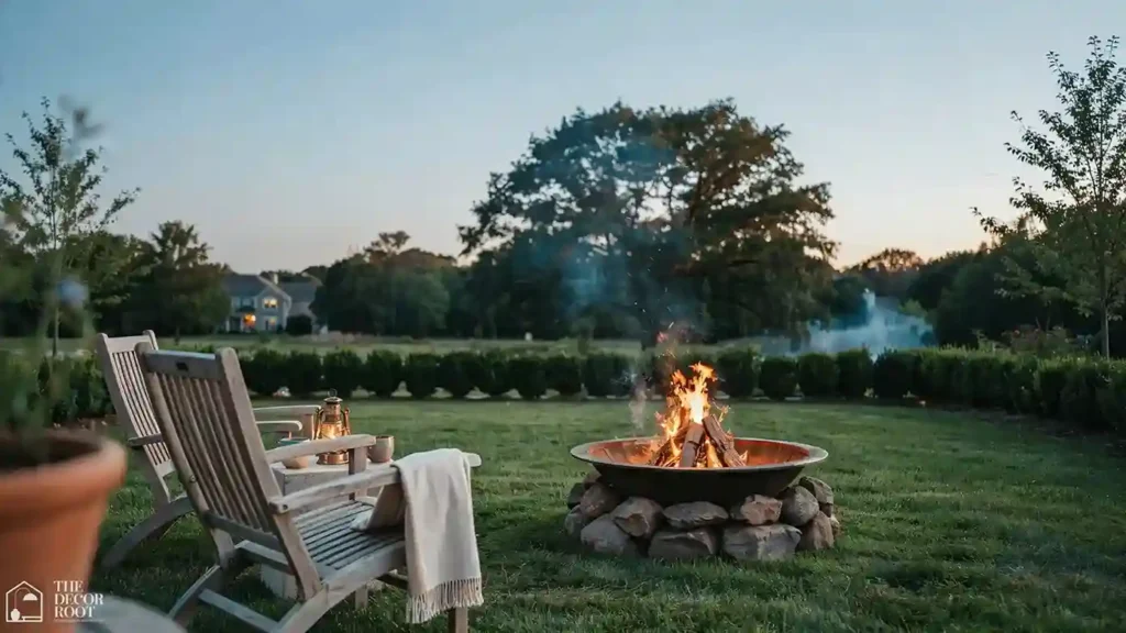 River rock border surrounding a backyard fire pit area