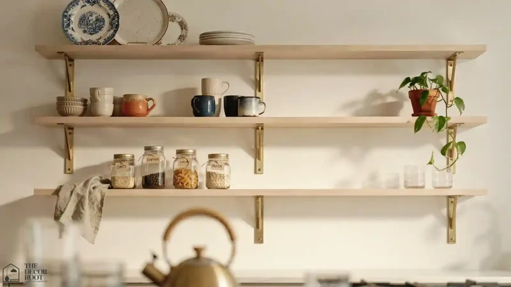 Open shelving displaying vintage dishware in a grandmacore kitchen