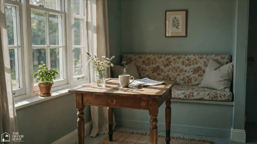 Cozy grandmacore breakfast nook with floral cushions and vintage table