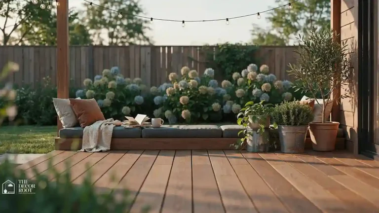 Ground level deck ideas with built-in seating and layered planting beds