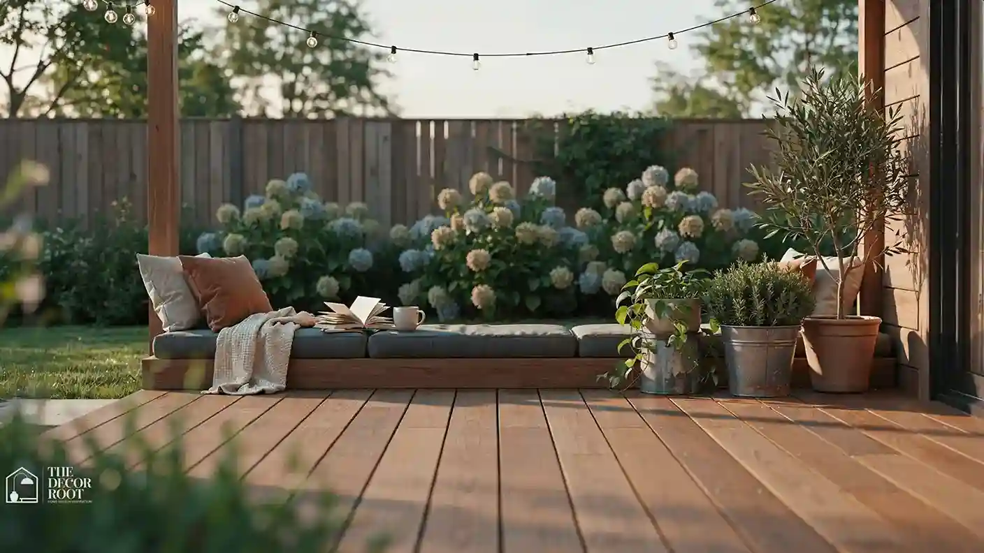 Ground level deck ideas with built-in seating and layered planting beds