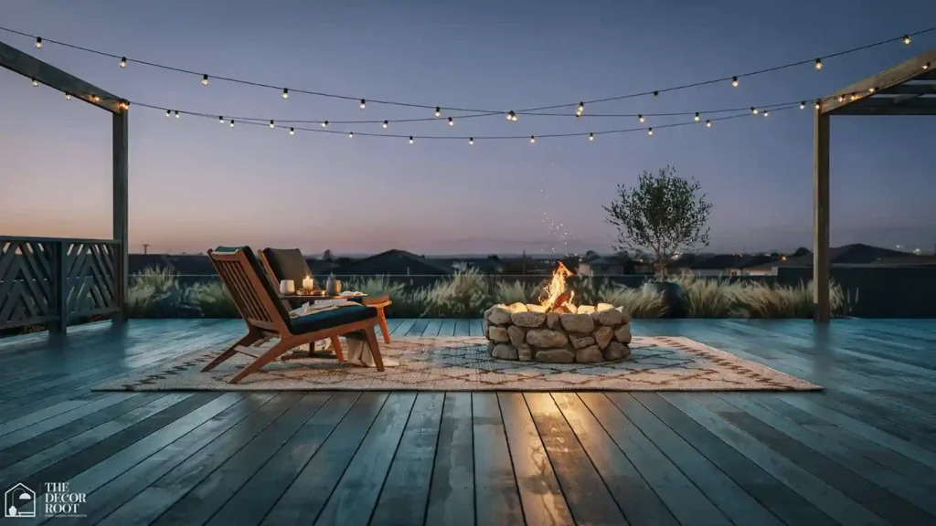 Ground level deck with fire pit zone and string lighting