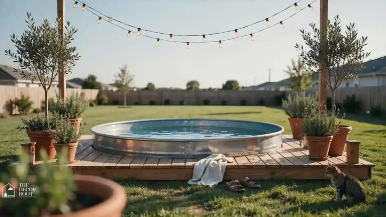 Stock tank pool setup in a sunny backyard with wood deck surround