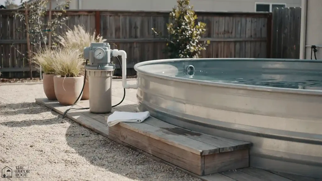 Stock tank pool setup showing filtration pump and wood deck step entry