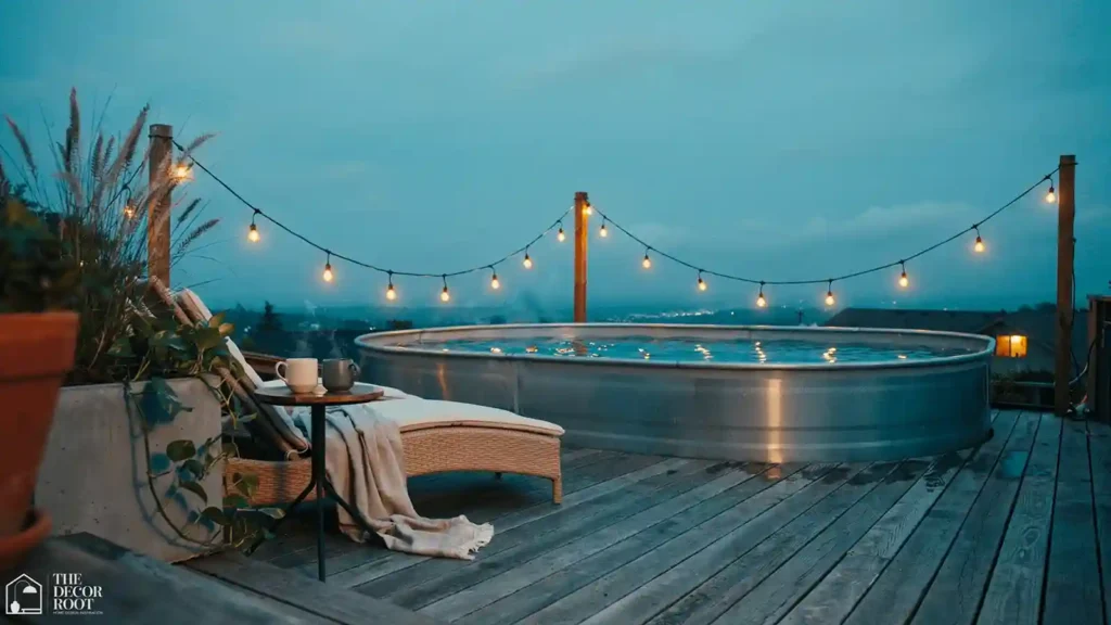 Stock tank pool setup at dusk with string lights and lounge seating