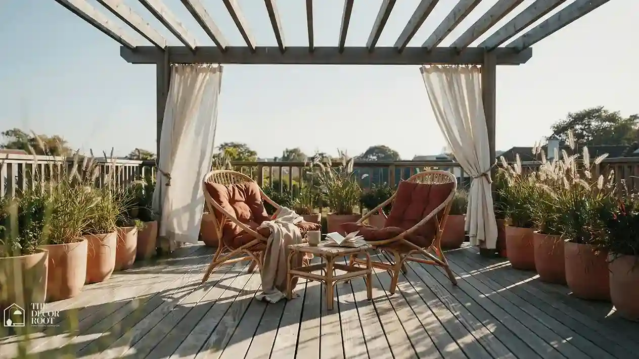 Deck privacy ideas with pergola and flowing outdoor curtains