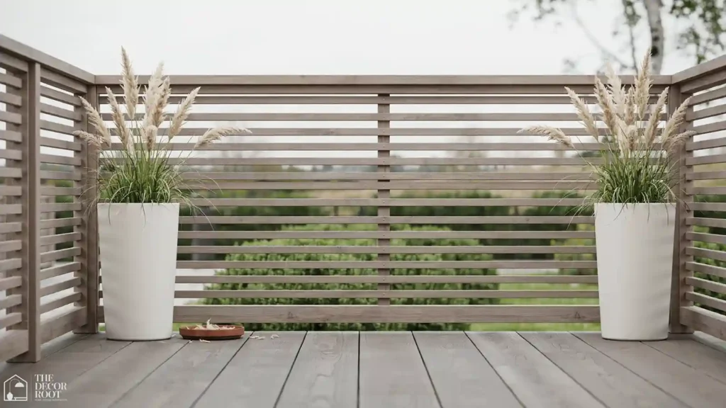 Deck privacy ideas using slatted wood panel and tall planters