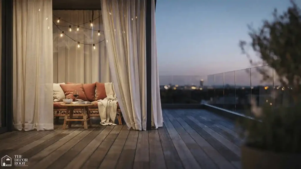 Deck privacy ideas with closed outdoor curtains at evening