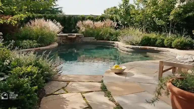 Garden pool design with natural stone coping and lush plantings
