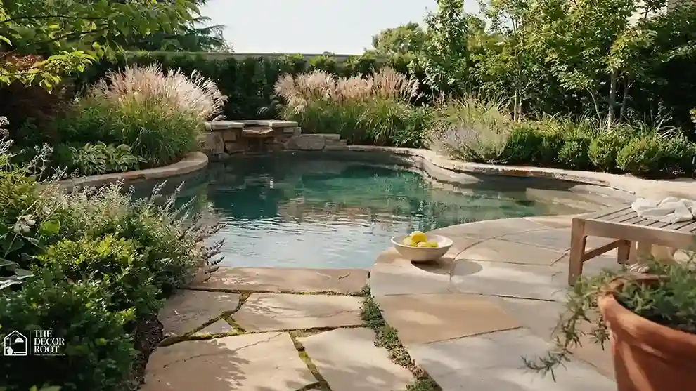 Garden pool design with natural stone coping and lush plantings