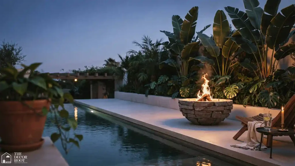 Garden pool design with fire feature and recessed lighting at dusk