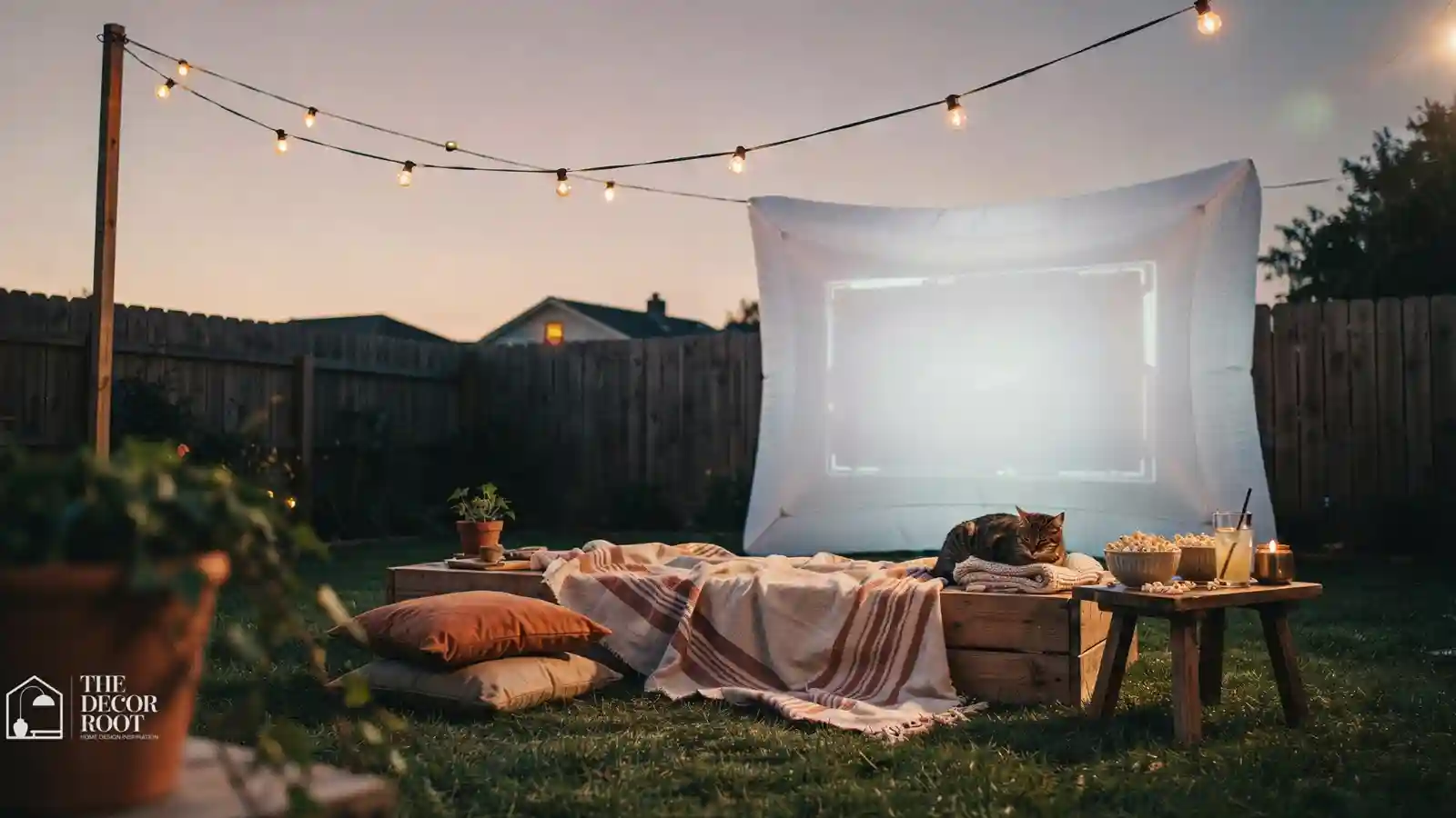 Backyard movie night setup with glowing projector screen, string lights, and floor cushion seating