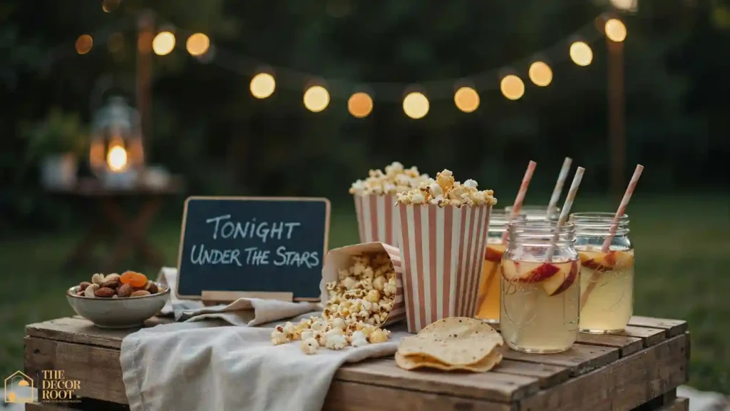 Backyard movie night snack station with popcorn, mason jar drinks, and chalkboard sign