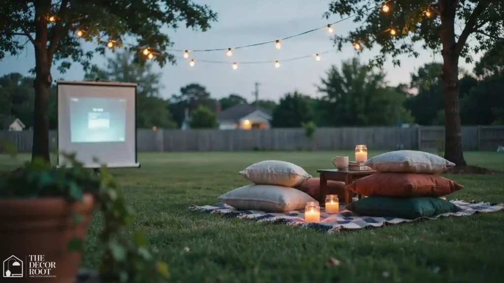 Backyard movie night seating area with floor cushions and citronella candles at night