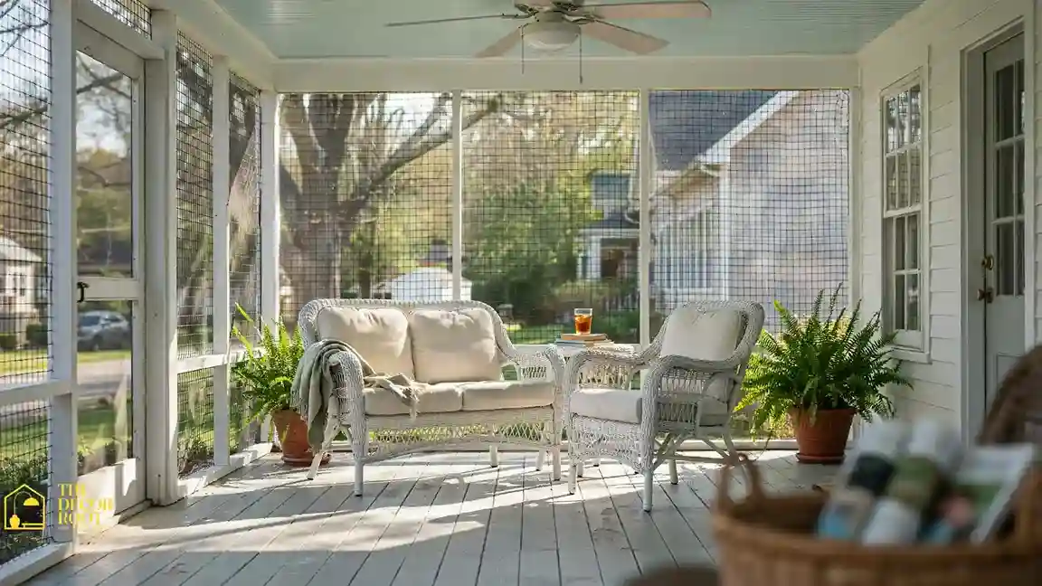Bright screened-in porch with wicker furniture and fine mesh screening that keeps bugs out