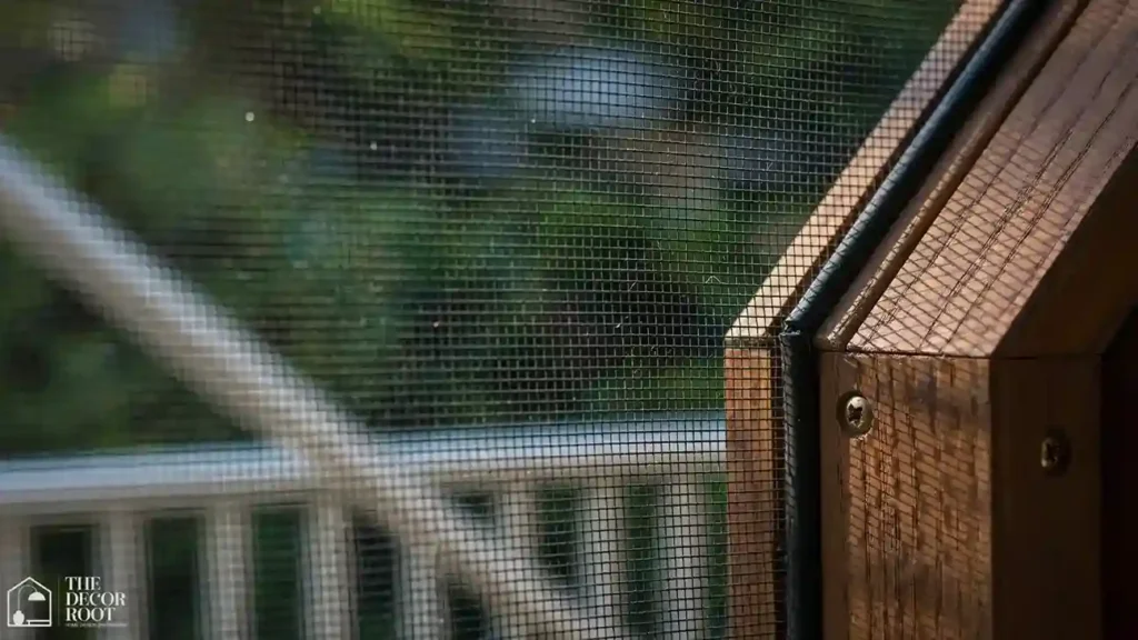 Close-up of screened porch door corner showing tight mesh screening and weather-stripped seal