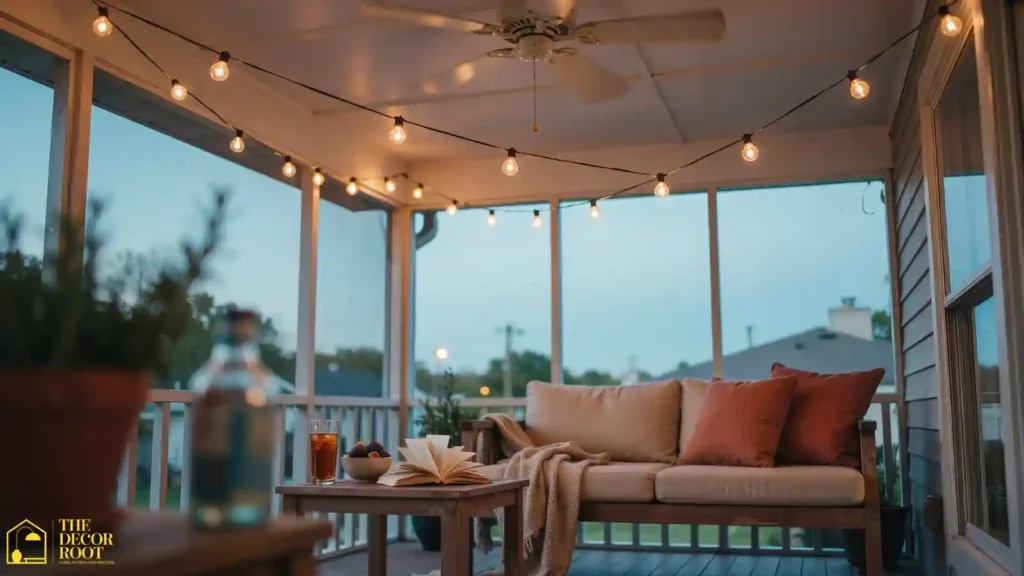 Screened porch in the evening with string lights, outdoor sofa, and mesh screening