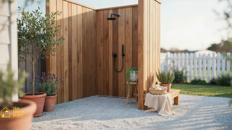 Compact cedar outdoor shower enclosure tucked into a small backyard corner