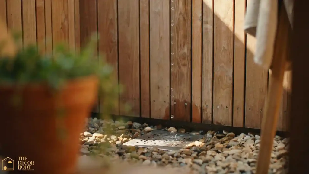 Close-up of compact outdoor shower gravel drainage area with cedar wood slats