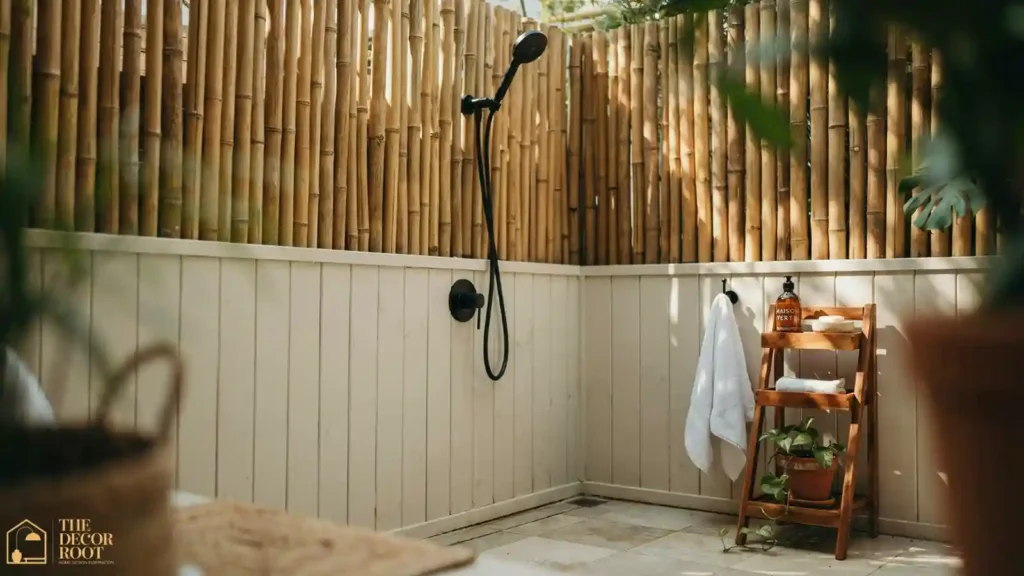 Small backyard outdoor shower with teak caddy and bamboo privacy screening