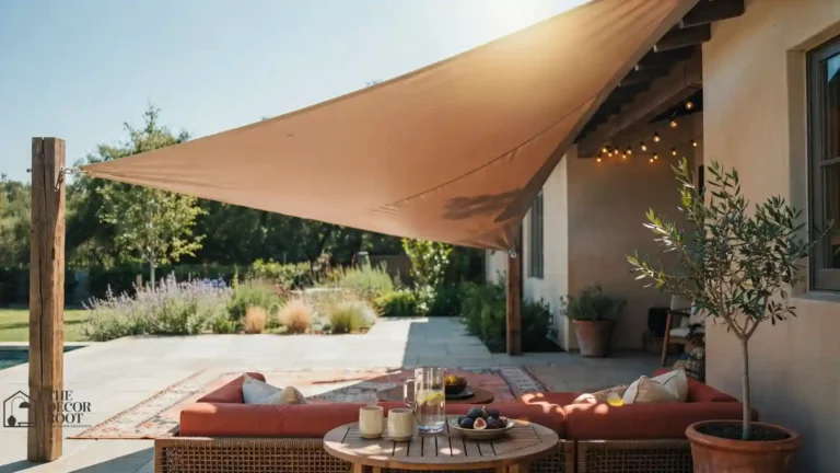 Triangular tan shade sail installed over a patio seating area with terracotta cushions