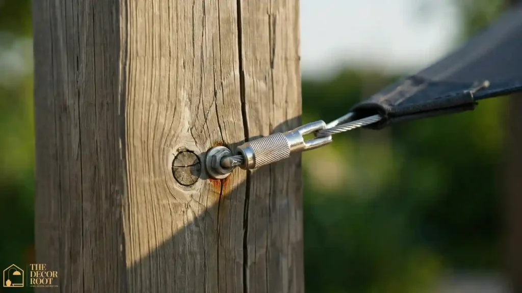 Close-up of shade sail anchor point with marine-grade turnbuckle hardware