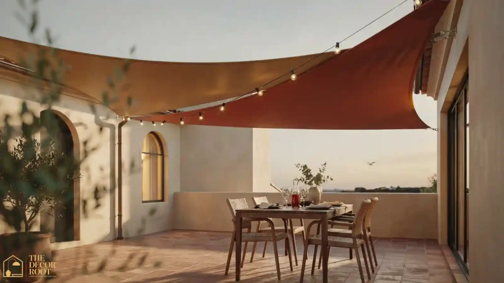 Two overlapping shade sails over a patio dining area with string lights at evening