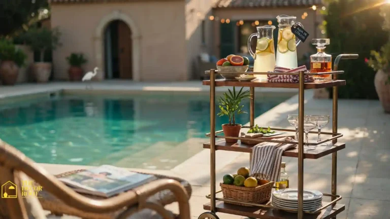 Rolling bar cart styled poolside with citrus garnishes and glassware