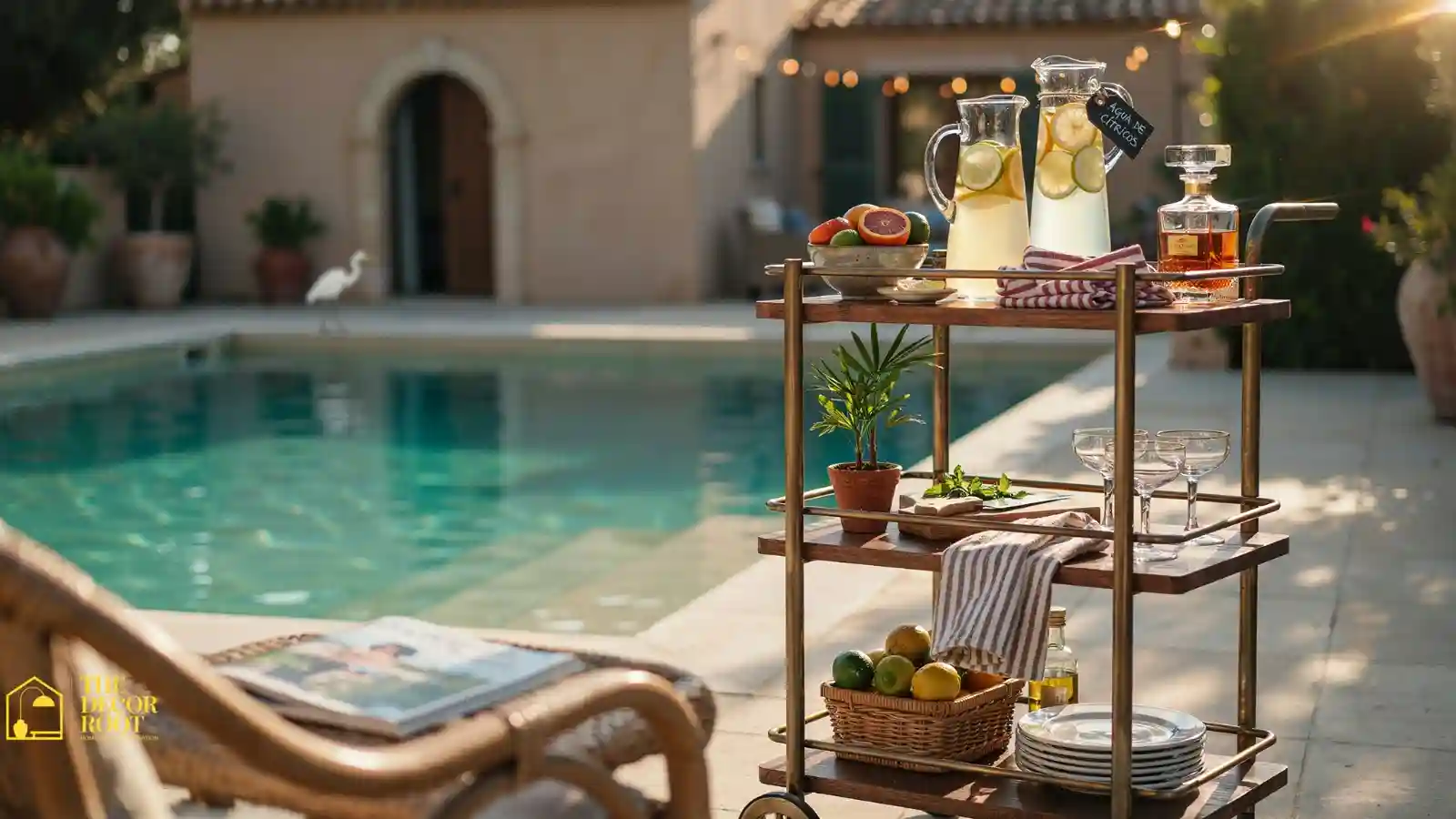 Rolling bar cart styled poolside with citrus garnishes and glassware