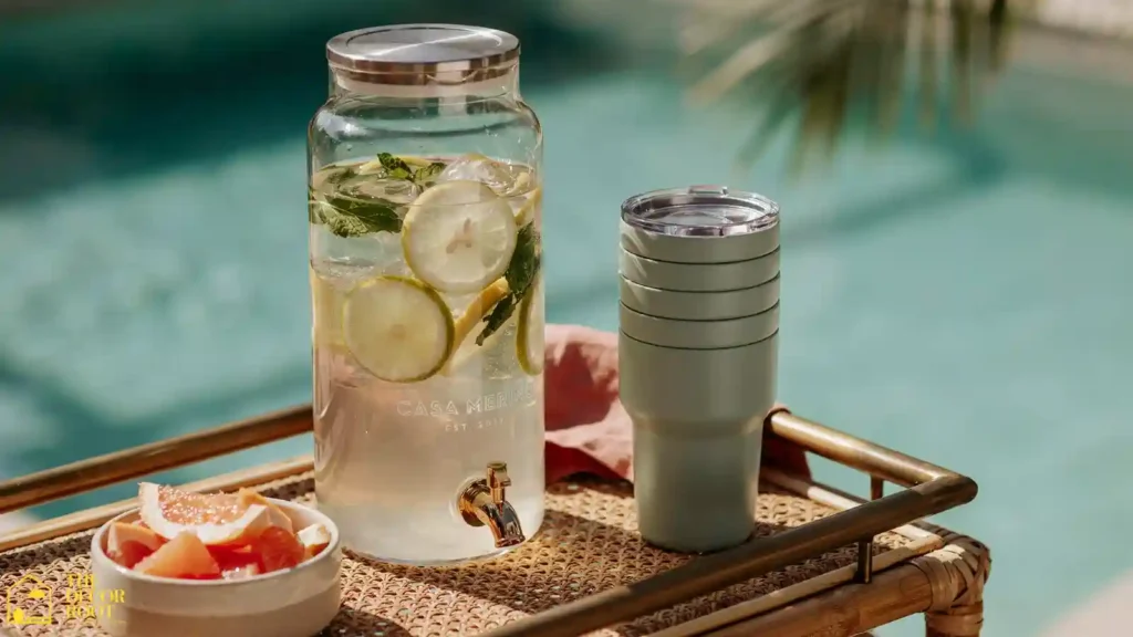 Close-up of acrylic drink dispenser and glassware on a poolside bar cart