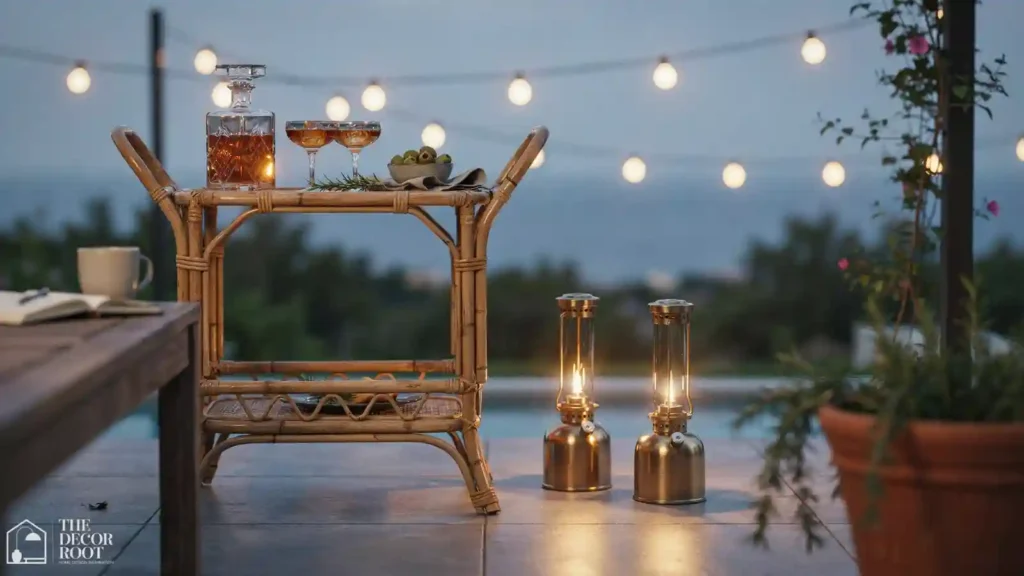 Close-up of acrylic drink dispenser and glassware on a poolside bar cart