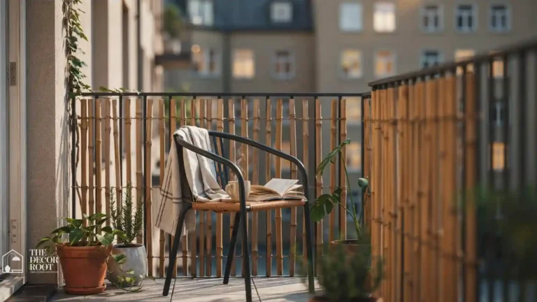 Small apartment balcony with bamboo privacy screen and potted plants