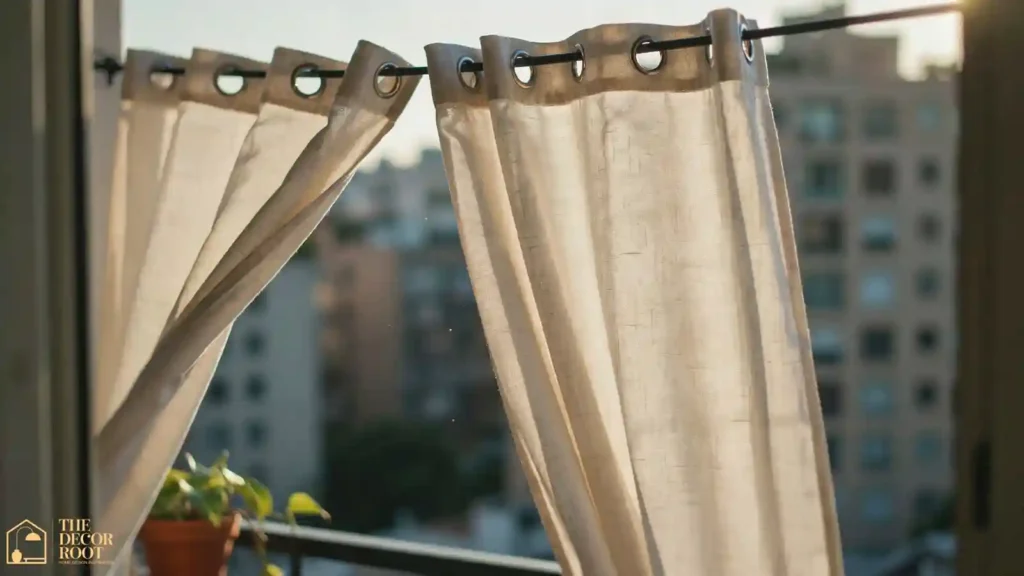 Outdoor privacy curtains hung on tension rod on apartment balcony
