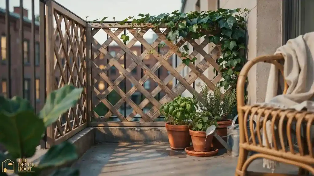 Freestanding lattice privacy screen with trailing plants on small balcony