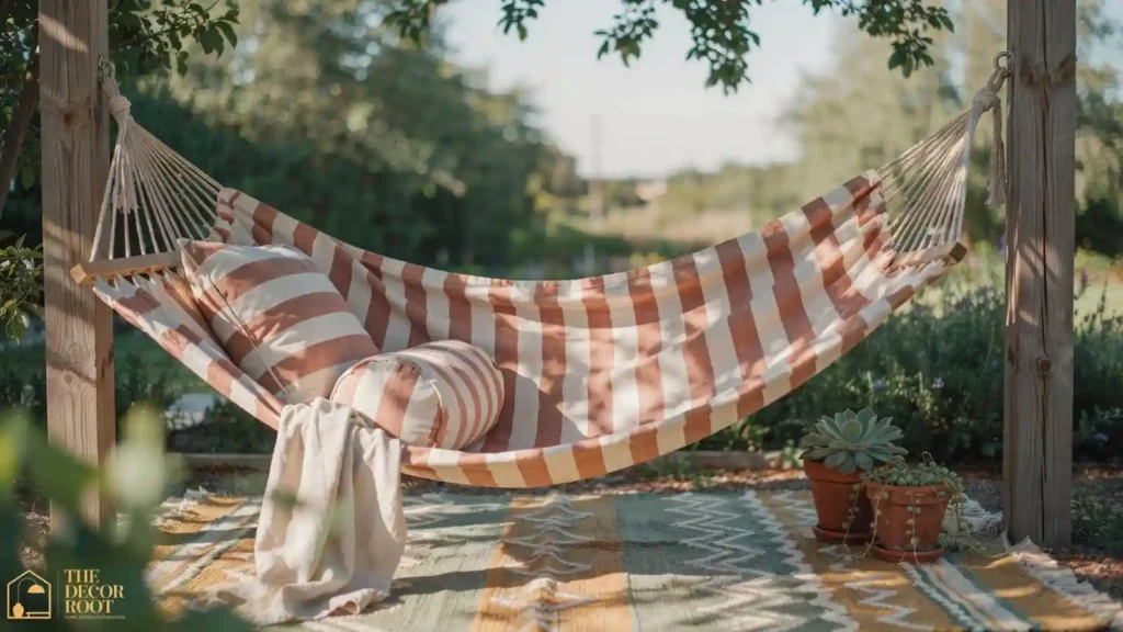 Hammock with matching pillow set over a weather-resistant outdoor rug